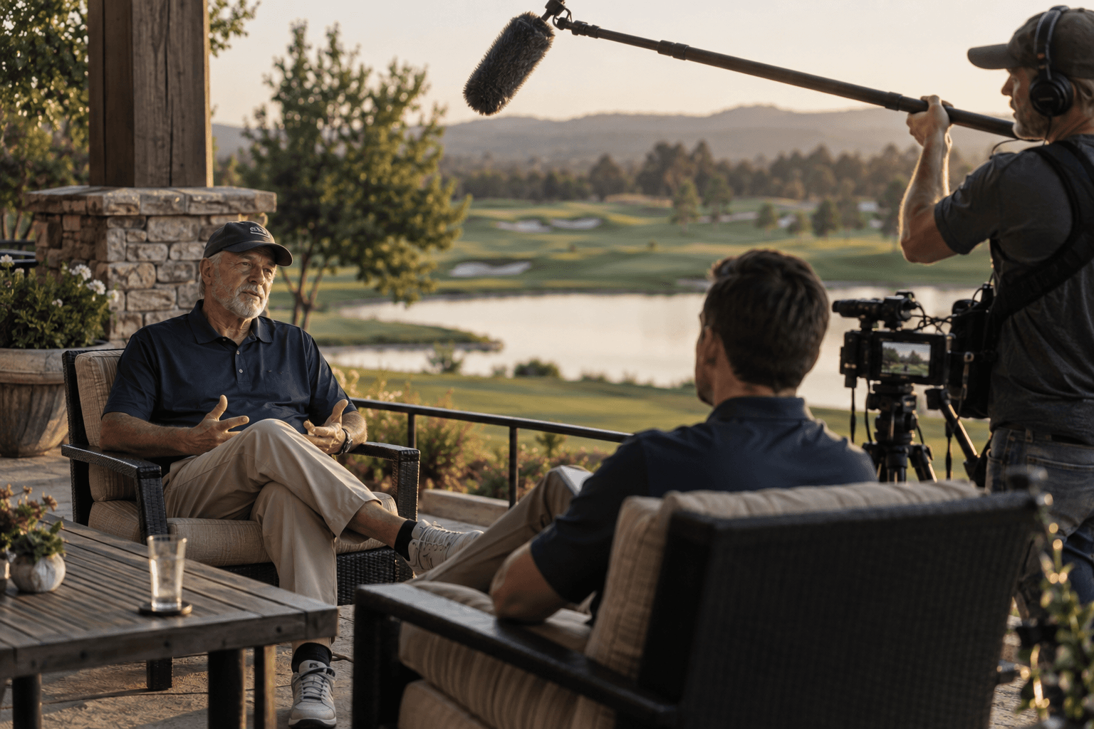 A documentary film crew setting up a shot on a golf course.