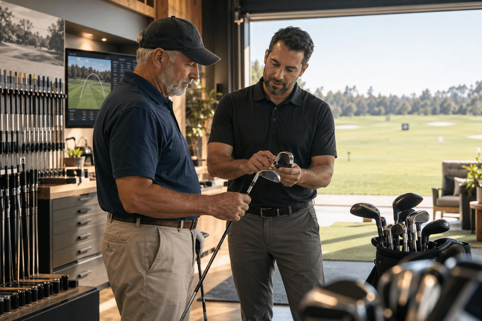 A golfer being measured during a professional club fitting session.